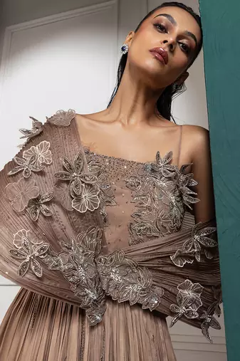 Golden petal embroidered gown
