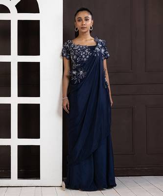 Navy blue blossom drape pant set 1