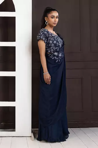 Navy blue blossom drape pant set