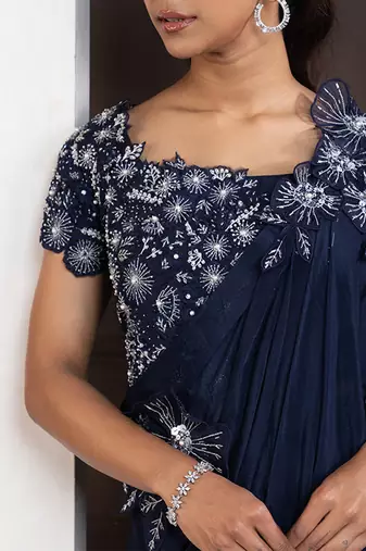 Navy blue blossom drape pant set