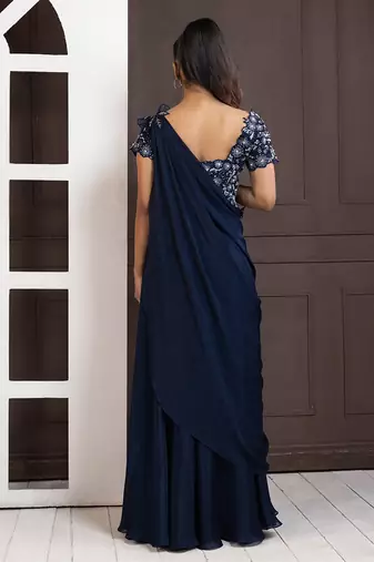 Navy blue blossom drape pant set