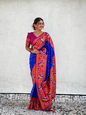 Soft paithani silk blend saree with zari weaving meenakari motif design 2