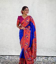 Soft paithani silk blend saree with zari weaving meenakari motif design