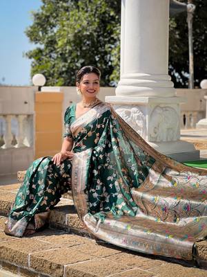 Soft banarasi silk blend saree with zari weaving meenakari design 5