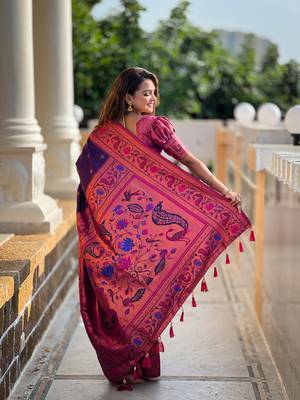 Soft paithani silk blend saree with zari weaving meenakari motif design 5