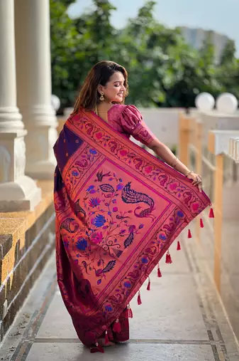 Soft paithani silk blend saree with zari weaving meenakari motif design