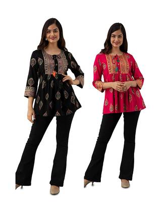Pack of 2 indian handmade block printed rayon fabric designer tops & tunics for bottomwear & jeans 1