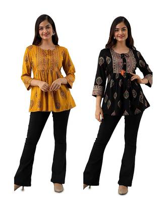 Pack of 2 indian handmade block printed rayon fabric designer tops & tunics for bottomwear & jeans 1