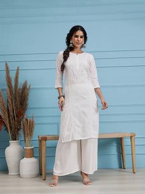 Hand embroidered white cotton lucknowi chikankari straight kurta 2