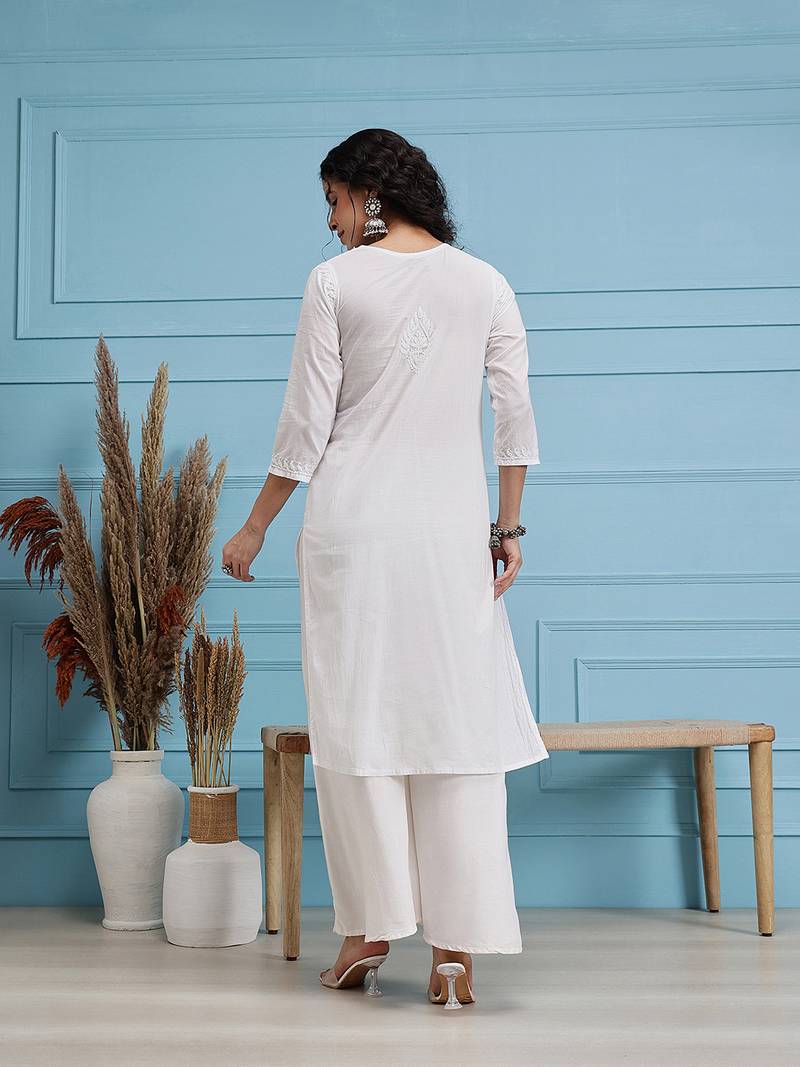 Hand embroidered white cotton lucknowi chikankari straight kurta
