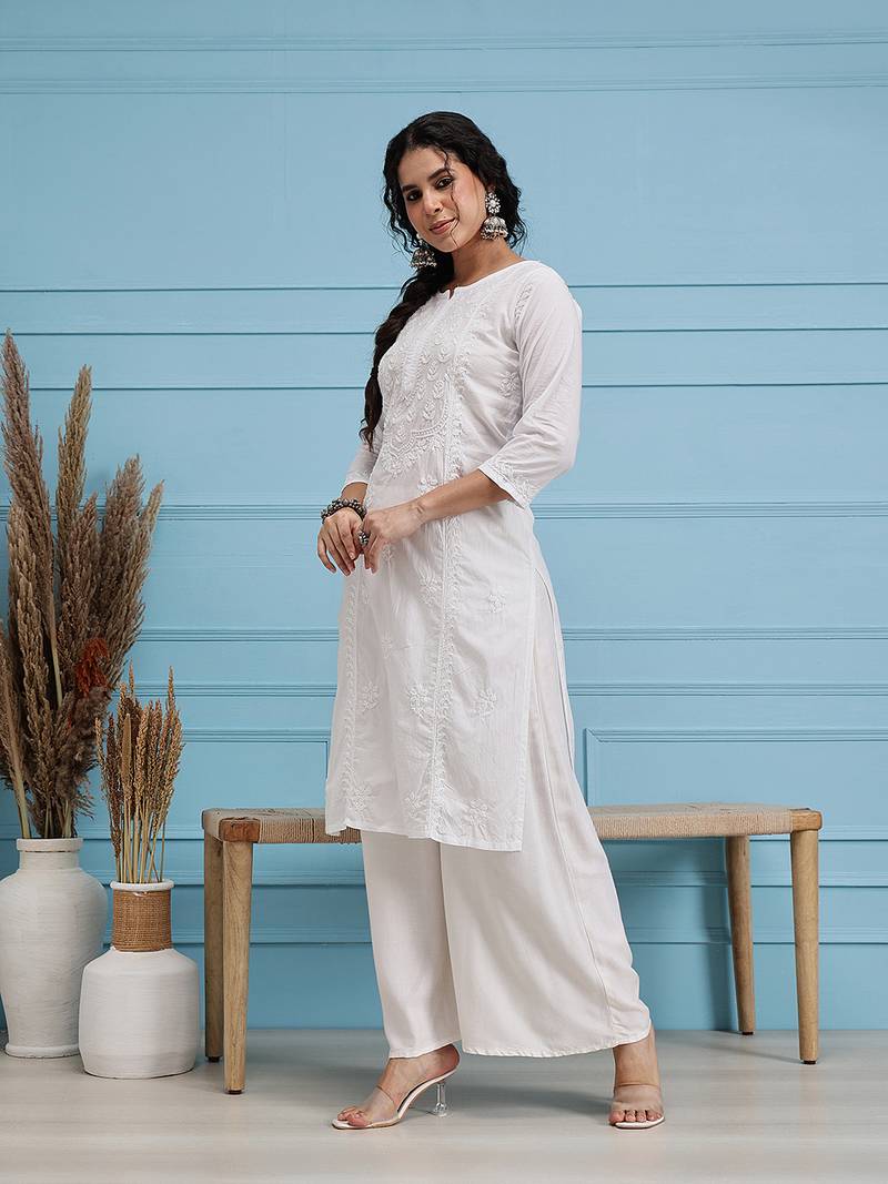 Hand embroidered white cotton lucknowi chikankari straight kurta