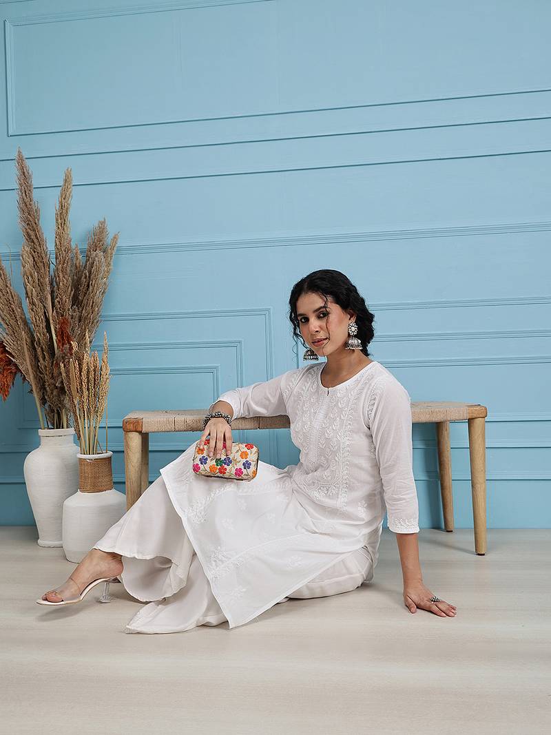 Hand embroidered white cotton lucknowi chikankari straight kurta