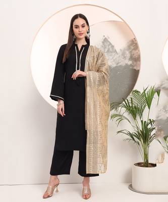 black solid lace work on yoke  kurta trouser and dupatta set 6
