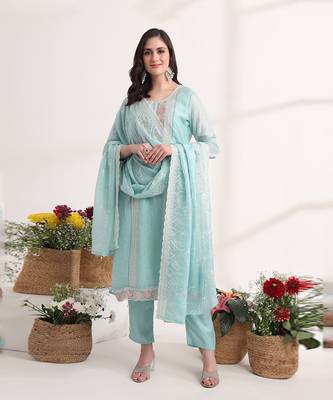 blue embroidery organza straight kurta dupatta set 7