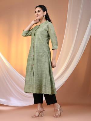 Pistachio green cotton solid handloom a-line kurta 2