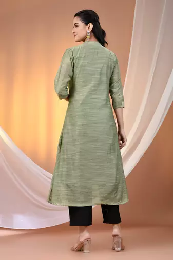 Pistachio green cotton solid handloom a-line kurta