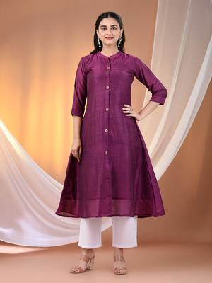Purple cotton solid handloom a-line kurta 1