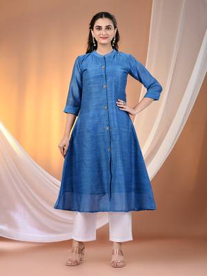 Sapphire blue cotton solid handloom a-line kurta 1