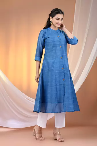 Sapphire blue cotton solid handloom a-line kurta