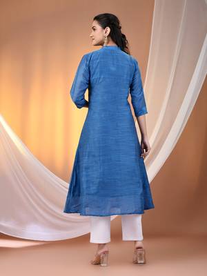 Sapphire blue cotton solid handloom a-line kurta 3