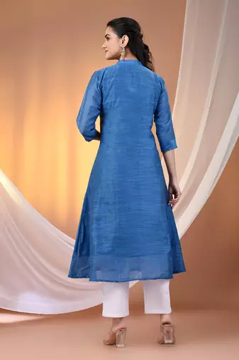 Sapphire blue cotton solid handloom a-line kurta