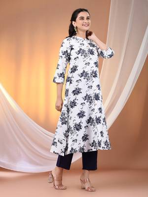 White cotton floral printed a-line kurta 2