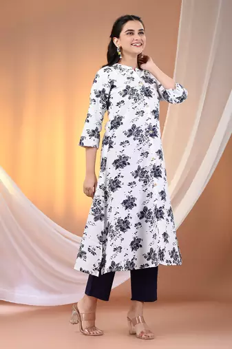 White cotton floral printed a-line kurta