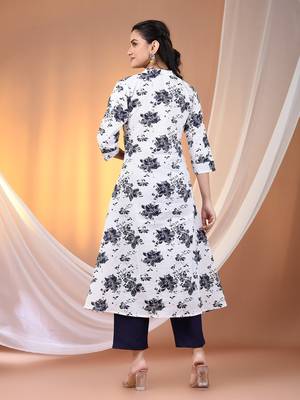 White cotton floral printed a-line kurta 3