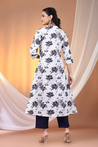 White cotton floral printed a-line kurta