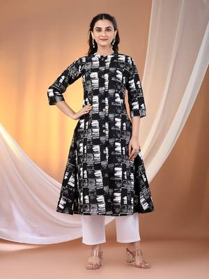 Black cotton abstract printed a-line kurta 1