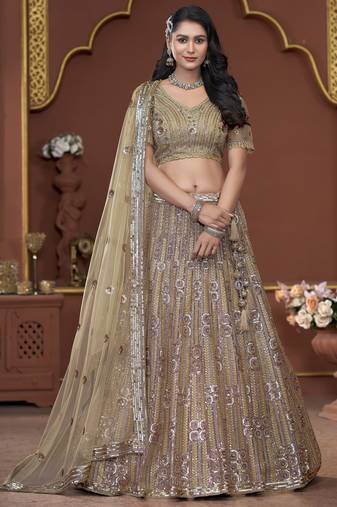 Golden Jarkan Work Net Wedding Lehenga Choli With Dupatta
