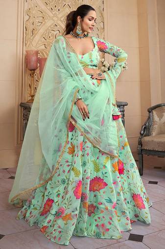 Mint Green Silk Blend Floral Embroidered Lehenga Choli Set