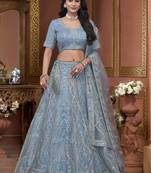 Sky-Blue Jarkan Work Net Engagement Wear Lehenga Choli