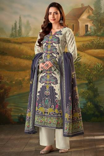 Navy blue digital printed muslin unstitched a line style pant dress material