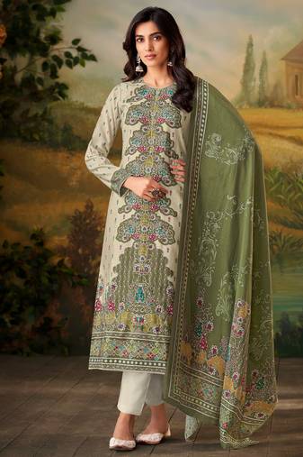 Olive digital printed muslin unstitched a line style pant dress material