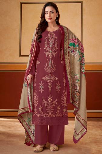 Maroon embroidered muslin unstitched a line style palazzo dress material