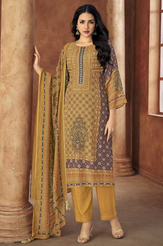Multi digital printed muslin unstitched a line style pant dress material
