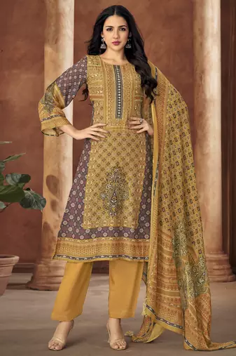 Multi digital printed muslin unstitched a line style pant dress material