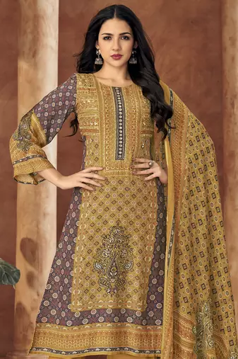 Multi digital printed muslin unstitched a line style pant dress material