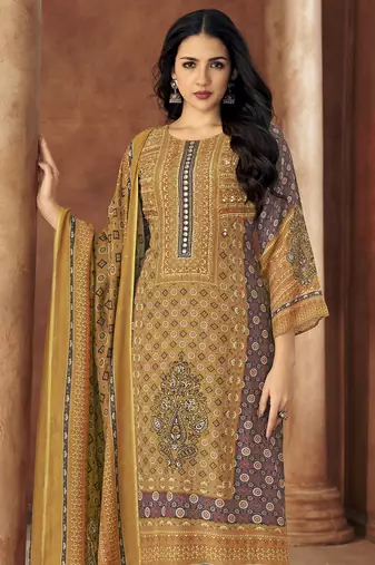 Multi digital printed muslin unstitched a line style pant dress material