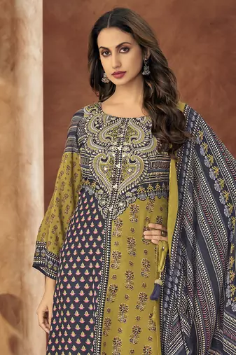 Multi digital printed muslin unstitched a line style pant dress material