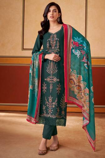 Teal embroidered muslin unstitched a line style pant dress material