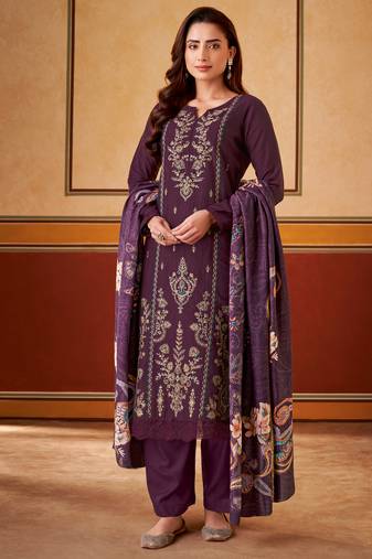 Purple embroidered muslin unstitched a line style pant dress material