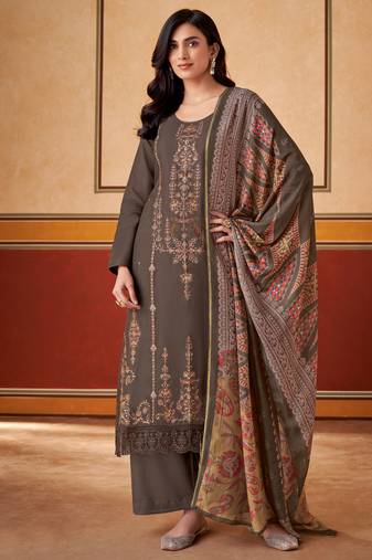 Brown embroidered muslin unstitched a line style pant dress material