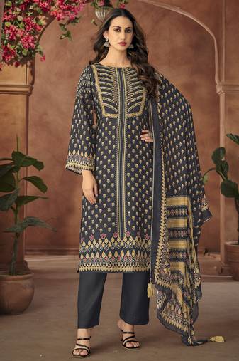 Black digital printed muslin unstitched a line style pant dress material