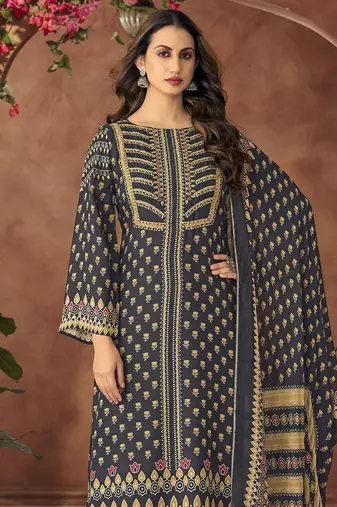 Black digital printed muslin unstitched a line style pant dress material