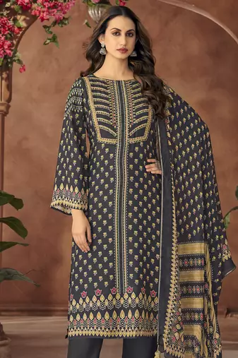Black digital printed muslin unstitched a line style pant dress material