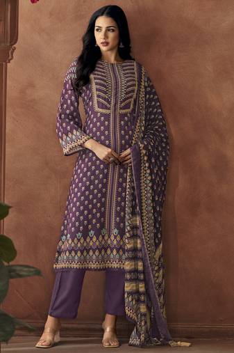 Purple digital printed muslin unstitched a line style pant dress material