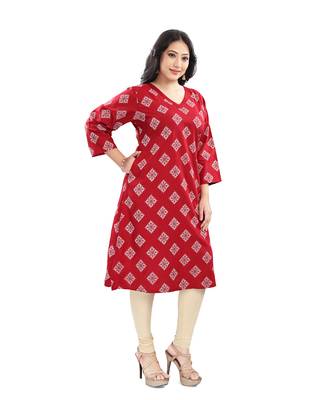 Red rayon printed long kurti  3