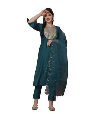 women's poly silk embroidered kurta & pant with dupatta 7